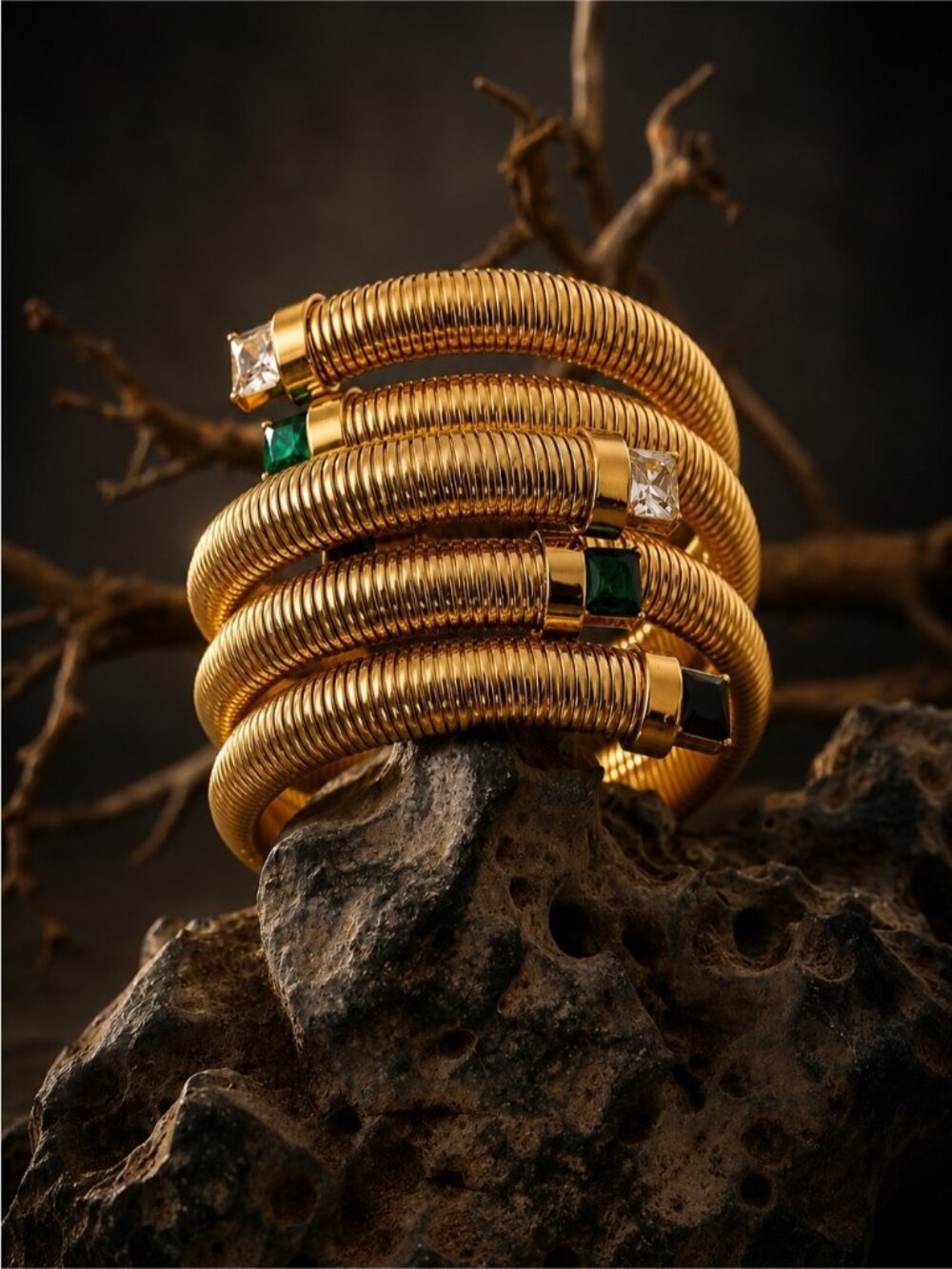 Gold tone Coil Bracelet with Black Square Stones - Picture 4 of 7